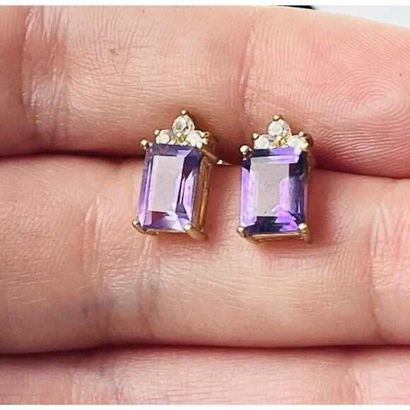 925 Silver FAS Earrings Genuine Amethyst Crown Rhinestone Stud Posts Tara Vaness - Picture 1 of 16